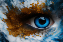 A Blue Marble Eye Iris Created  With Gold Foil On The Skin And Marble Texture Around The Eye Is Made With Generative AI 