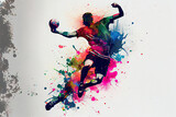 Abstract handball player jumping with the ball from splash of watercolors