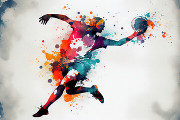 Abstract handball player jumping with the ball from splash of watercolors