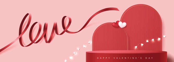 Wall Mural - valentine's day sale banner background with product table display and festive decoration for valenti