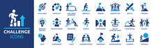 Challenge Icon Set. Containing Mission, Competition, Obstacle, Battle, Problem Solving, Teamwork, Overcoming And Triumph Icons. Solid Icon Collection.