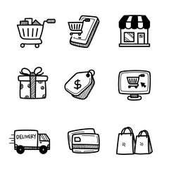 Canvas Print - Set of e-commerce icons with cute doodle style isolated on white background