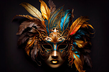 Venetian carnival mask. Gold color, colored feathers. Happy carnival festival