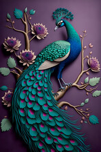 Peacock On Branch Wallpaper. Colorful Flowers, 3d Mural Background. Wall Canvas Poster Art