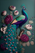 Peacock On Branch Wallpaper. Colorful Flowers, 3d Mural Background. Wall Canvas Poster Art