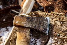 Old Rusty Ax Cleaver With Wooden Handle