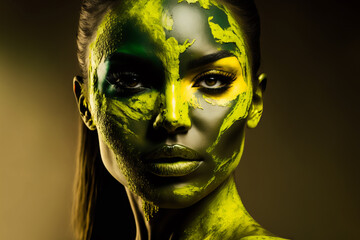 Portrait of an artistic woman painted with green and black colors, over black background, Generative AI. Body painting concept. Fasion, beauty or makeup background for banner, posters and postcards.