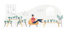 A Man Is Spending His Leisure Time Sitting In The Garden Of His House, Flat Vector Illustration. Householding Works And Human Activity Banner.