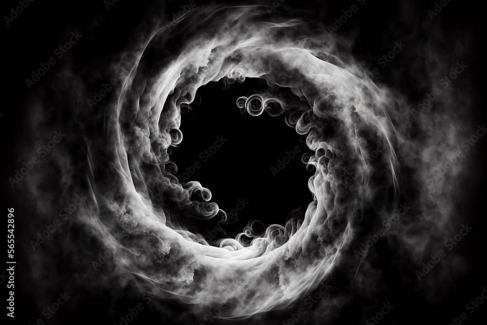 White smoke whirlpool with empty circle frame inside on black background, Generative AI. White smoke circle. Magic smoke or mist ring frame. Blank space frame in white smoke clouds.