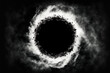 White smoke whirlpool with empty circle frame inside on black background, Generative AI. White smoke circle. Magic smoke or mist ring frame. Blank space frame in white smoke clouds.