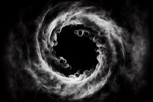 White Smoke Whirlpool With Empty Circle Frame Inside On Black Background, Generative AI. White Smoke Circle. Magic Smoke Or Mist Ring Frame. Blank Space Frame In White Smoke Clouds.
