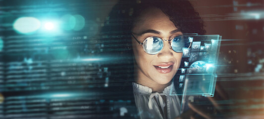 Poster - Black woman, overlay and future tech in office for finance research, data analytics or digital job in night. Cybersecurity expert smile, fintech or focus in dark workplace for 3d hologram abstract
