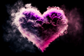 Wall Mural - Heart shaped pink smoke explosion on black background. Pink paint clouds in form of heart symbol on black background. Pink smoke Valentine's Day texture. Generative AI pink fume heart.