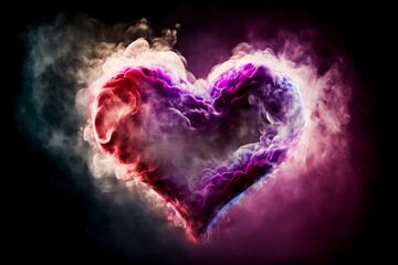 Wall Mural - Heart shaped pink smoke explosion on black background. Pink paint clouds in form of heart symbol on black background. Pink smoke Valentine's Day texture. Generative AI pink fume heart.