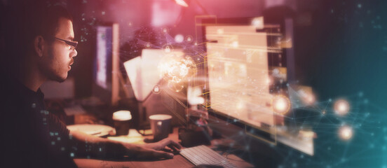 Poster - Digital, hologram and night with a designer man at work in a dark office for overtime on a cybersecurity project. Overlay, software or innovation with a male programmer or developer working on design
