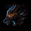 Mystical scandinavian beast wolf Fenrir in flame and darkness. Fenrir's beast head on black background. North Mythology background, Generative AI.
