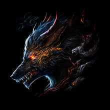 Mystical Scandinavian Beast Wolf Fenrir In Flame And Darkness. Fenrir's Beast Head On Black Background. North Mythology Background, Generative AI.