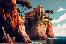 Mediterranean Cliffs And Rock Formations On The Seaside With Complicated Palace Cartoonish Painterly Foliage Vegetation Landscape 