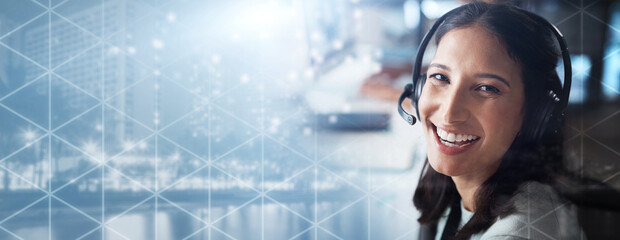 Aufkleber - Portrait, overlay or happy woman in a telemarketing call center smiles helping, talking or networking online. Graphic hologram, consultant or insurance agent in communication at customer services