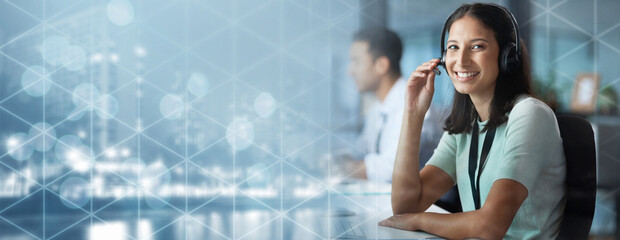 Aufkleber - Portrait, hologram or woman consulting in a call center office helping, talking or networking online. Graphic overlay, happy or insurance agent in communication at customer services or sales at desk