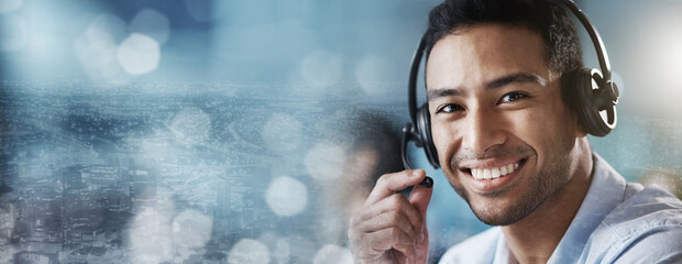 Aufkleber - Portrait, mockup or happy consultant in call center helping, talking on microphone or networking online. Crm, man or agent in communication at customer services smiles with pride at sales job success