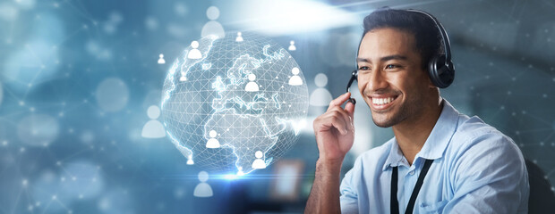Aufkleber - Contact us, overlay or happy agent in a call center helping, talking or networking online via microphone. Global hologram, man or consultant in communication at customer services or digital sales