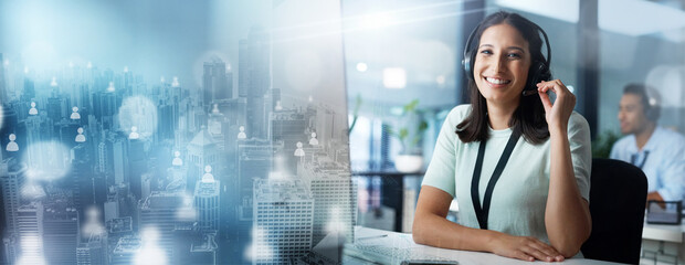 Aufkleber - Crm, overlay or woman in a telemarketing call center helping, talking or networking online at desk. City hologram, portrait or happy insurance agent in communication at customer services or sales job