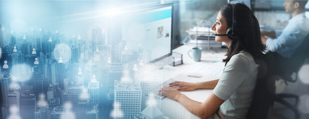Aufkleber - Contact us, overlay or consultant typing in a call center helping, consulting or networking online. Graphic hologram, woman or insurance agent in communication at customer services or sales at desk