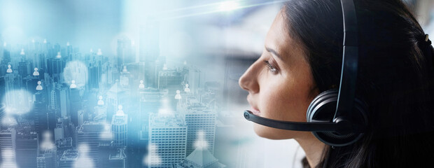 Aufkleber - Crm, overlay or telemarketing consultant in a call center helping, talking or networking online. Digital graphic hologram, woman or insurance agent in communication at customer services or sales job