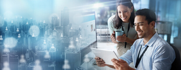Aufkleber - Tablet, overlay or digital marketing people with team work at office desk talking or networking online. Hologram, woman or happy employees speaking or researching website data analytics for analysis