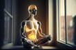 Human body meditating in Lotus pose against window. Generative AI