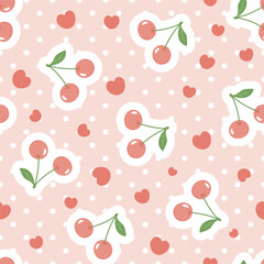 red cute cherries on a polka dot texture with kawaii hearts on a pink girly background, food seamless pattern for wrapping paper, fabric and textile vector print