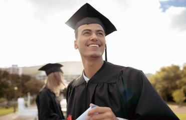 Canvas Print - Graduation, happy man and thinking of success, achievement and study goals at outdoor college event. Graduate, education award and smile for future, dream and motivation of learning, hope and pride