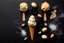 Scoops Of Ice Cream Icecream Gelato On Cone Melting  Isolated On Black Chalkboard. Display, Whole And Side View. Top View Flat Lay Lifestyle. Cafe Restaurant Menu Poster. Closeup View. With Copy Space