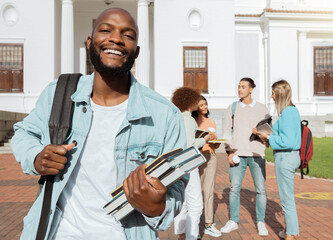 Canvas Print - Portrait, black man and students on campus, outdoor and conversation for knowledge, growth and learning. African American male, student and academics on university, development and higher education