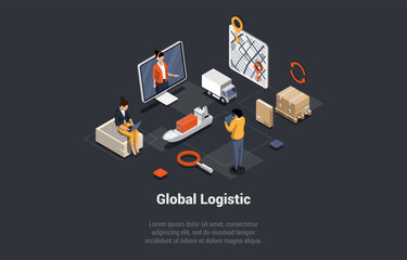 Wall Mural - World Global Logistics Business. Air, Cargo Land Transportation, Maritime Shipping, Maritime Shipping Courier Delivery. Full Customer Service During Delivery Process. Isometric 3d Vector Illustration