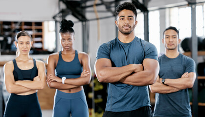 Poster - Fitness, diversity and portrait of people in gym for teamwork, support and workout. Motivation, coaching and health with friends training in sports center for cardio, endurance and wellness challenge