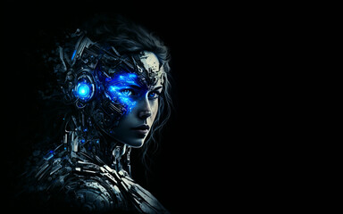 Wall Mural - Cyborg robot android girl with blue eyes in an empty background created with Generative AI technology