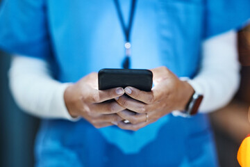 Poster - Phone, hands and medical nurse in hospital working on telehealth, research or online consultation. Healthcare smartphone, woman and female physician with mobile for wellness app in clinic at night.