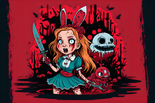 Alice In Wonderland But She Is Murderous And Crazy, Lost Her Mind, With A Knife And A Machete Killing Other Creatures In The Underworld