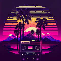 Poster - Beautiful Audio cassette tape in neon light.Minimalism retro style concept. 80s. Background pattern for design.	
