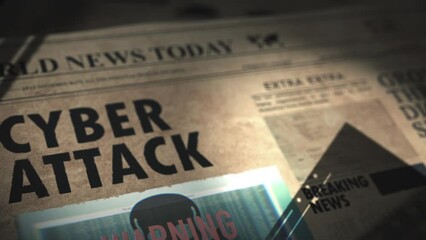 Wall Mural - cyber attack headline in vintage newspaper with glitch skull hacker animation