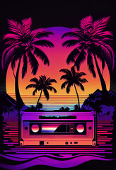 Poster - Beautiful Audio cassette tape in neon light.Minimalism retro style concept. 80s. Background pattern for design.	
