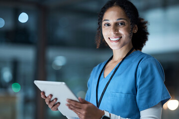 Poster - Tablet, nurse portrait and black woman in hospital working on telehealth, research or online consultation. Medical, healthcare and female physician with technology for wellness app in clinic at night
