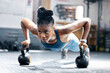 © Jade Maas/peopleimages.com - Fitness, push up or black woman with kettlebell for training, body workout or exercise at health club. Motivation, mindset or African girl sports athlete exercising with focus or resilience at gym