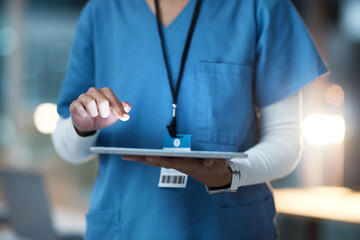 Aufkleber - Technology, healthcare and hands of doctor with tablet for medical research, planning and report in hospital. Nurse, clinic and black woman with digital tech for results, prescription and insurance