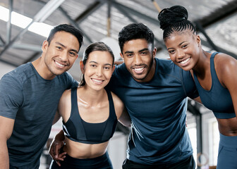 Poster - Fitness, happy and portrait of friends in gym for teamwork, support and workout. Motivation, coaching and health with people training in sports center for cardio, endurance and wellness challenge