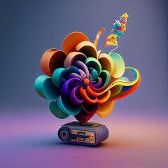 Poster - Beautiful abstract illustration creative Radio with Short Antenna with flowers and smoke.