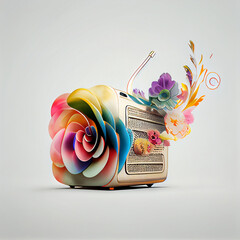 Poster - Beautiful abstract illustration creative Radio with Short Antenna with flowers and smoke.