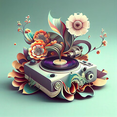 Poster - Beautiful abstract illustration creative Audio Recorder with flowers and smoke.